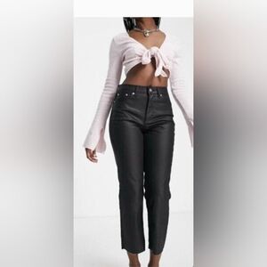 NEW Topshop Women's Size 28 High Waisted Black Coated Raw Hem Straight Leg Jeans